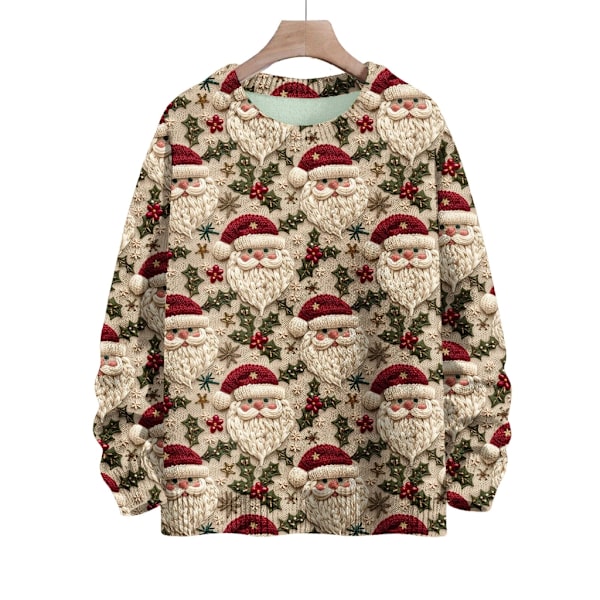 Langærmet julepullover til kvinder 3D-juleprintet pullover sweatshirt Light Red XL