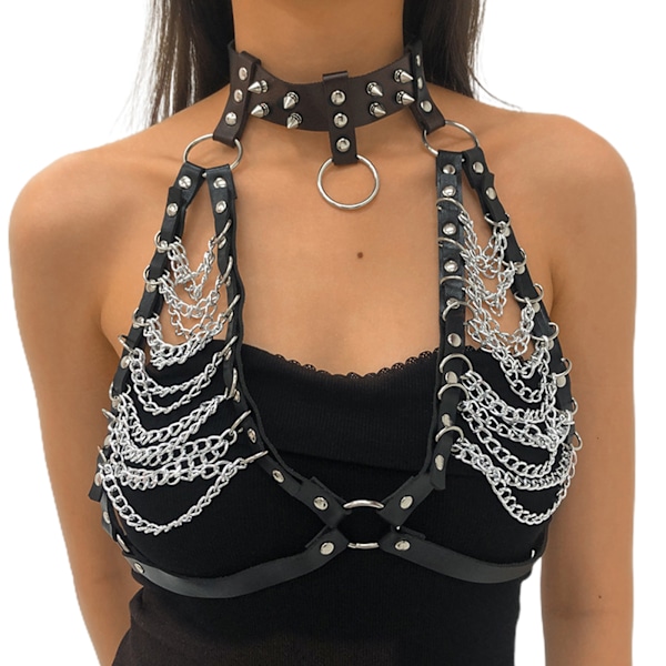 Punk Läder Nitar Kroppskedjor Svart Kroppskedja BH Mode Sele Charm Kroppssmycken Accessoarer Smycken för Kvinnor och Flickor