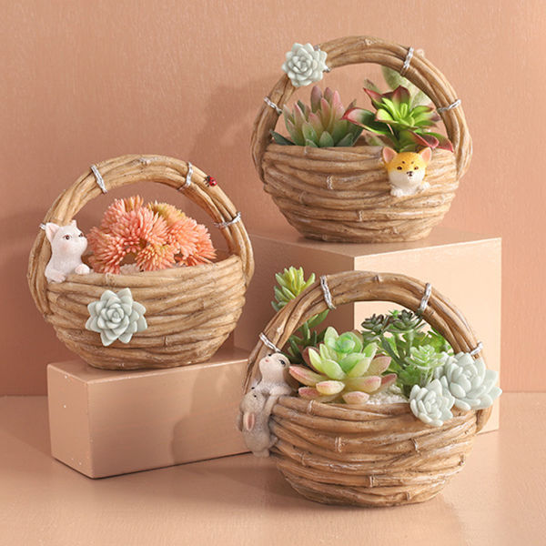 Succulent Planter Simulering Bambu Korg Blomkruka Plant Kruka Harts Vas Dekor B