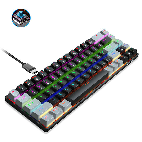 Bærbart RGB Gaming Mekanisk Tastatur USB Type C 68 Taster Anti-ghosting 60% RGB Tastatur for PC Laptop Blå/Rød Bryter