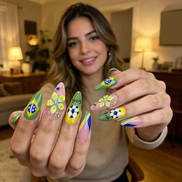 Fodbold 3D Blomst Press On Negle Manicure Mandelform 24 Stykker Sæt Fingernegl