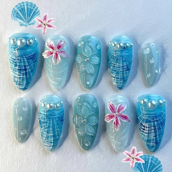 DIY Manicure Mandel Press Ons med Ocean Blomster Accent Stil