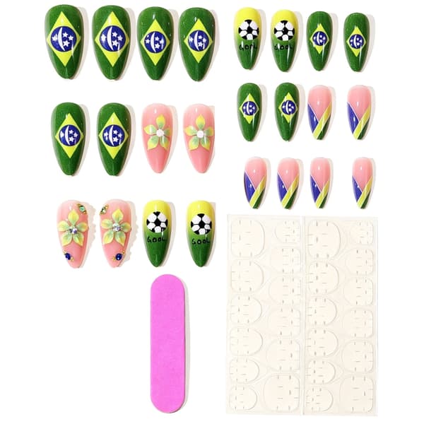 Fodbold 3D Blomst Press On Negle Manicure Mandelform 24 Stykker Sæt Fingernegl