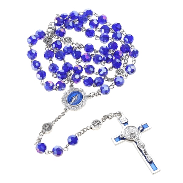 Blå Crystal Bead Rosenkrans halsband Vintage katolska religiösa för Cross Jesus Pen