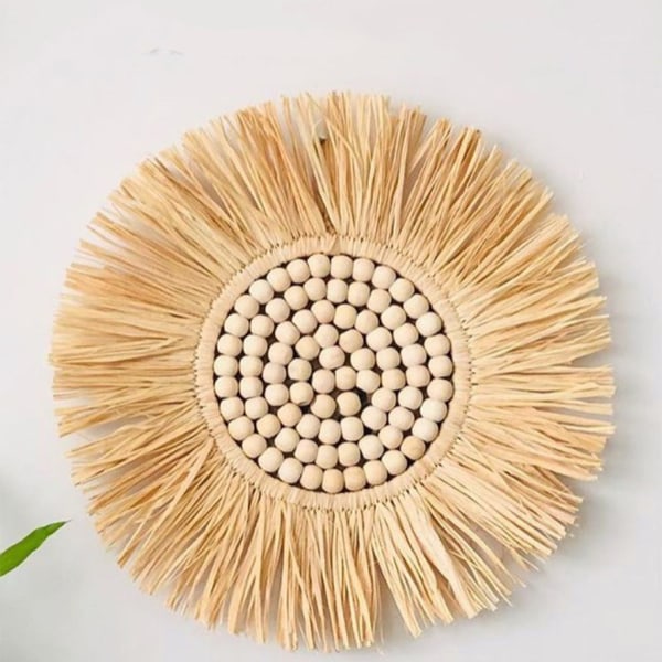 Marockanskt vävt halmhängande väggspegel Boho Macrame Träpärla Gobelängdekor null - A3