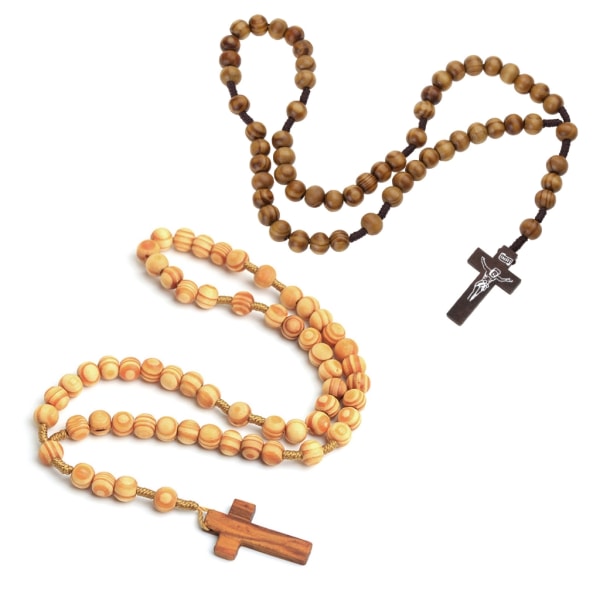 Träkornspärlor Jesus för kors Rosenkranshalsband Snidade Rosenkranshänge Kristna smycken Halsband Harajuku Style Relig Coffee color
