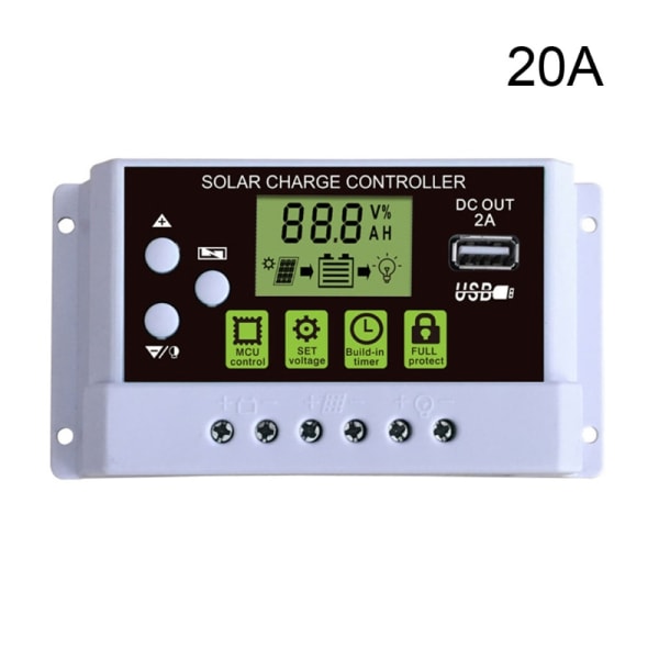 10A/20A/30A Solarladdningsregulator Förnybar Energiregulator Solpanel Intelligent Regulator med 2.0A USB-utgång