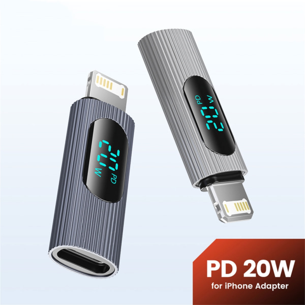 USB C till Lightnings-adapter 20W PD Snabbladdningsstöd Dataöverföring Digital Display OTG-kontakt för mobiltelefon Silver