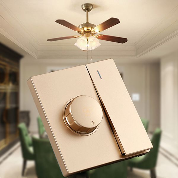 220V Universal Takfläkt Hastighetskontroll Väggknapp Dimmer Switch Steglösa växlar Fläkthastighetsjustering Gold