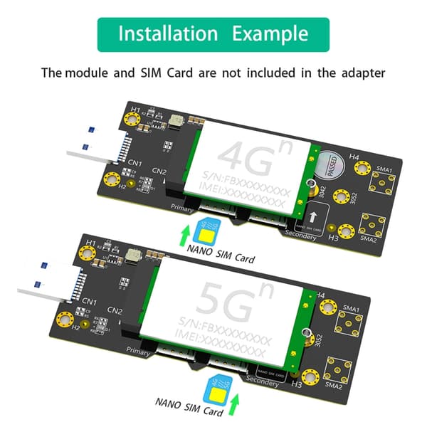 M.2 B -avain USB 3.0 -sovitin, jossa on 2 korttipaikkaa 3G/4G/5G-moduulille