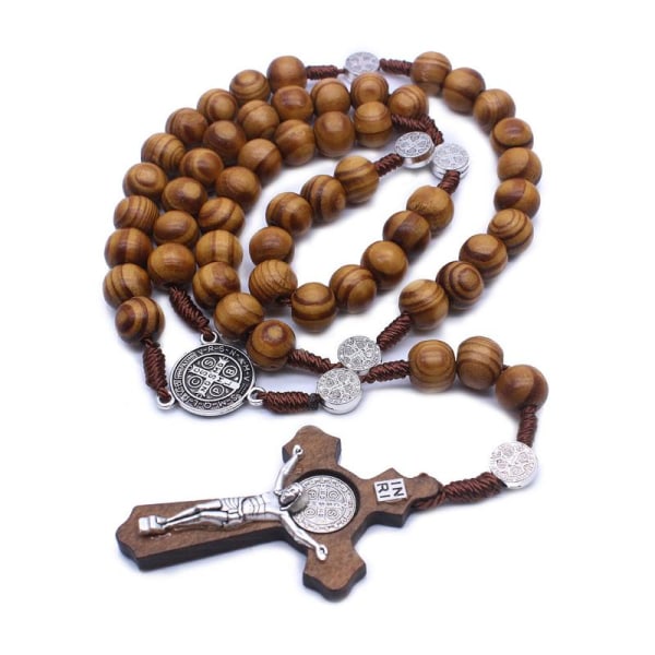 Trä Rosenkrans pärlor katolska för kors halsband med Jesus för kors hänge Set
