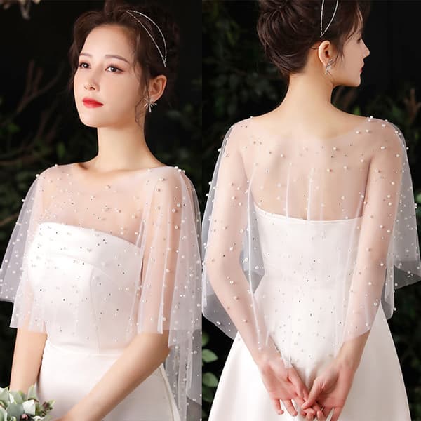 Kvinnor Skir Plisserad Bröllopssjal för Rhinestone Pärlvit Capelet Shru