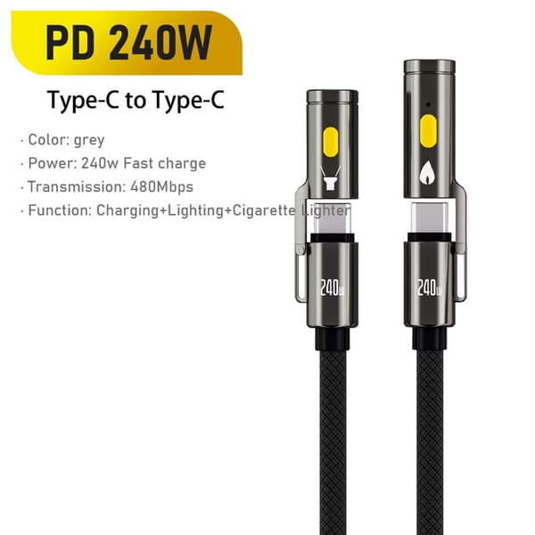 Stor effekt 240W Typ C dataöverföringskabel med LED-ljusfunktion för camping 2m