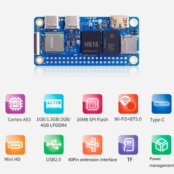 För OrangePi Zero2W 2GB 4GB 1GB 1,5GB H618 QuadCore Cortex A53 Mini PC Stöd WiFi5 + BT5.0 Single Board 2W Add expansion card 2G