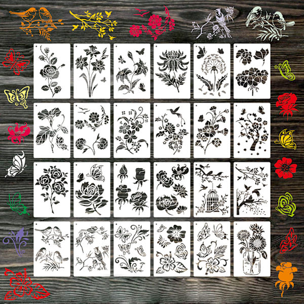 24 kpl Kukka Sapluunat Taide Piirustus Sapluunat Sarja Maalaus Mallit DIY Piirustus Graffiti Scrapbooking Kakun Koristeluun