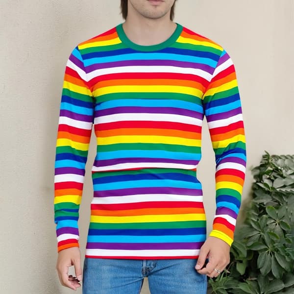 Stribet langærmet T-shirt med rund hals til mænd, basic afslappet top Multi L