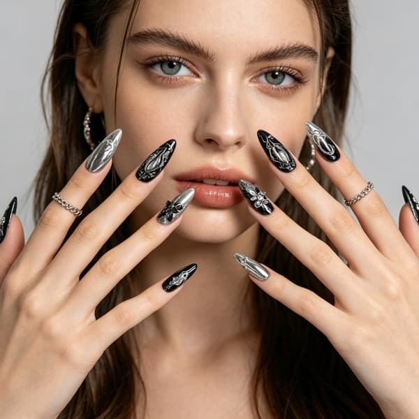 Gotisk Press On Manicure Sæt i Sort Sølv 3D Blomsterkunst til Feststil