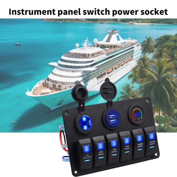 Dobbel USB-lader Voltmeter 6 Gang Bryterpanel LED Lys Bar for Maritim Bruk