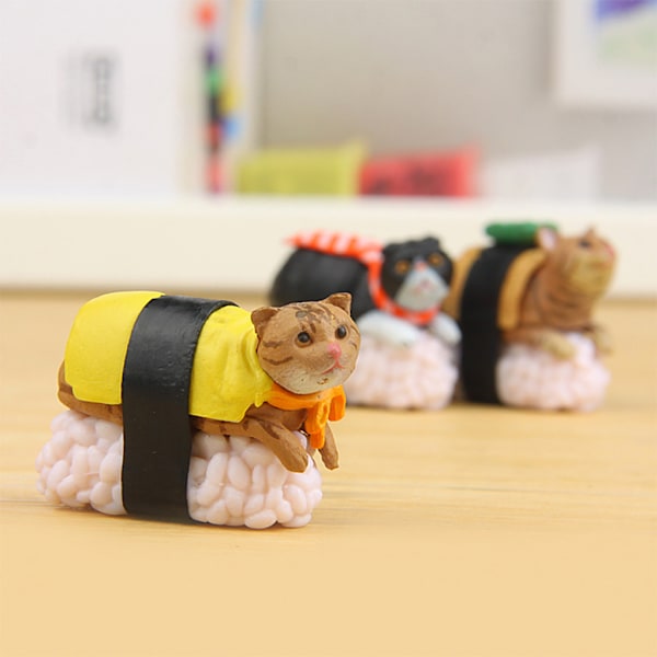 5 st tecknad miniatyr Kawaii Sushi för kattfigur Mini för docka Fairy Garden