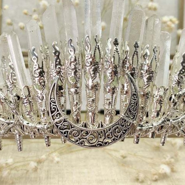 Kristallpannband Vit Natural för råstenshårtillbehör med grenar Halvmåne Boho-stil Quartz Tiara Crown för onsdag
