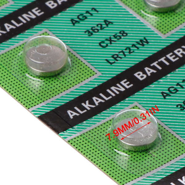 10 delar alkaliskt batteri AG11 1,55V LR721 362 SR721 162 knappar Coin Cell Watch Leksaker Batterier Kontroll Fjärrkontroll
