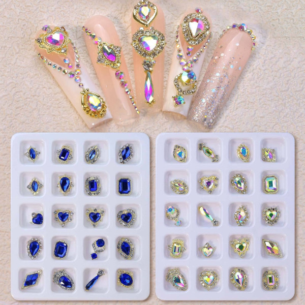 20st 3D Legering Nail Art Hantverk Strass Berlocker Glänsande platt rygg Nagel Kristall Gems Set Manikyr Nailsmycken Diamanter 3