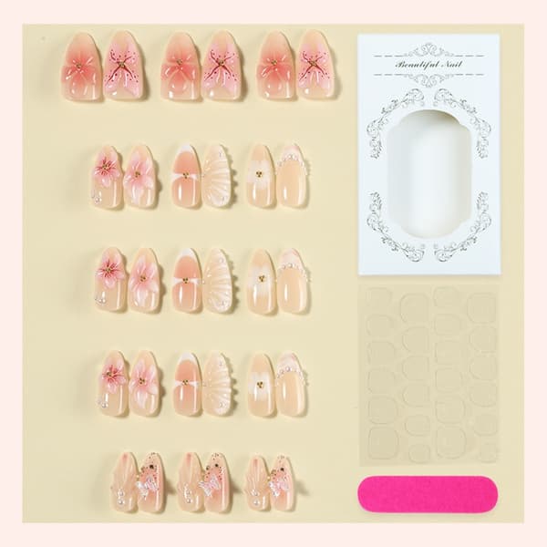 Sommerfugl Press On Negle Fransk Tip Stil Med Blank Pink Base MultiStørrelse
