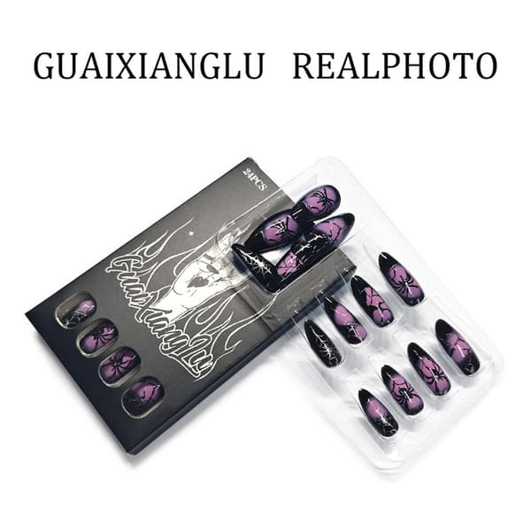 Lang Halloween Press On Manicure Sort Lilla Feststil Sæt