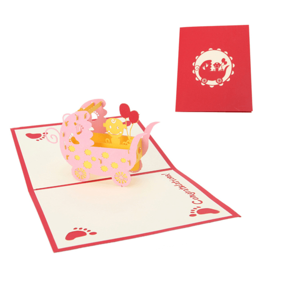 3D för Pop Up Baby Barnvagn Gratulationskort för Grattis födelsedag Baby Shower med kuvertinbjudan Gi Pink