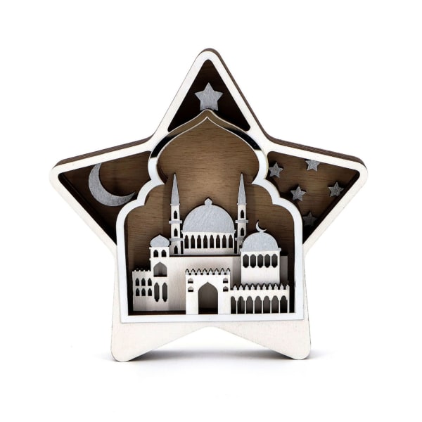 Eid Wood Star Ornament Moon Castle Konsthantverk Dekorativa Ornament för Ramadan Festival Dekoration Present Silver