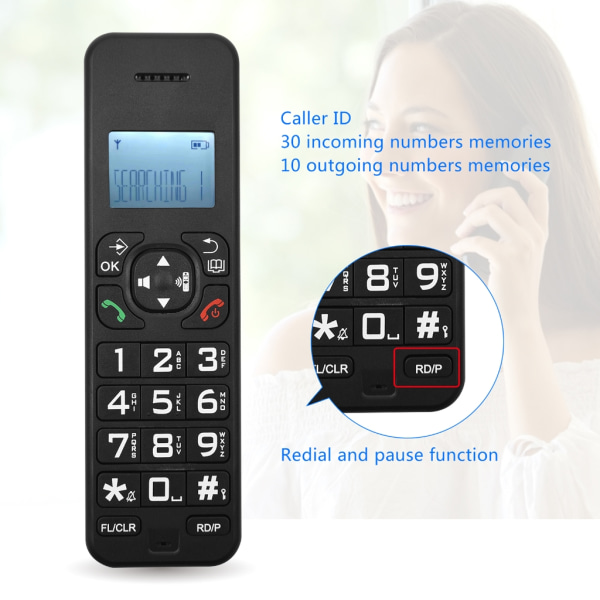 Trådlös telefon med multi språk uppringardisplay Handfri Bakgrundsbelyst telefon Handsfree för hemmakontor Desktop D1102B Black U.S. regulations