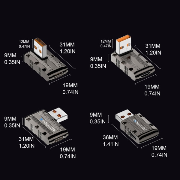 90 graders USB till USB C Adapter 10 Gbps USB C Hona till USB Hane Adapter Super Speed ​​Data Sync 120W snabbladdningsadapter Front Middle bend