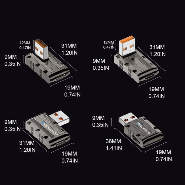 90 graders USB till USB C Adapter 10 Gbps USB C Hona till USB Hane Adapter Super Speed ​​Data Sync 120W snabbladdningsadapter Reverse side Middle bend