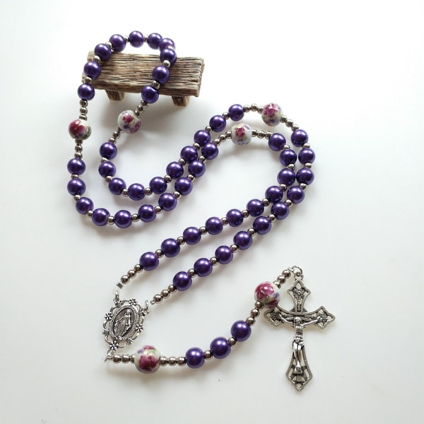 Vintage för Kors Rosenkrans Halsband Runda glaspärlor Mary Jesus Hänge Halsband Kvinnor Katolska Religiösa Smycken Present Pink