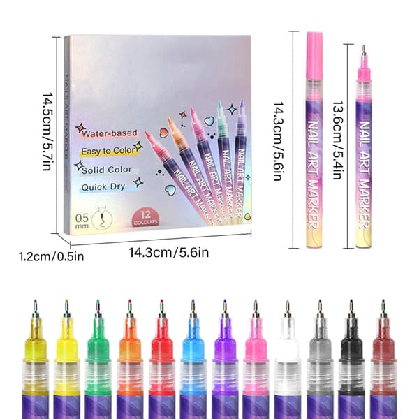 12 färger 3D Nail Art Pens Set Nail Point Graffiti Dotting Pen Nagellack