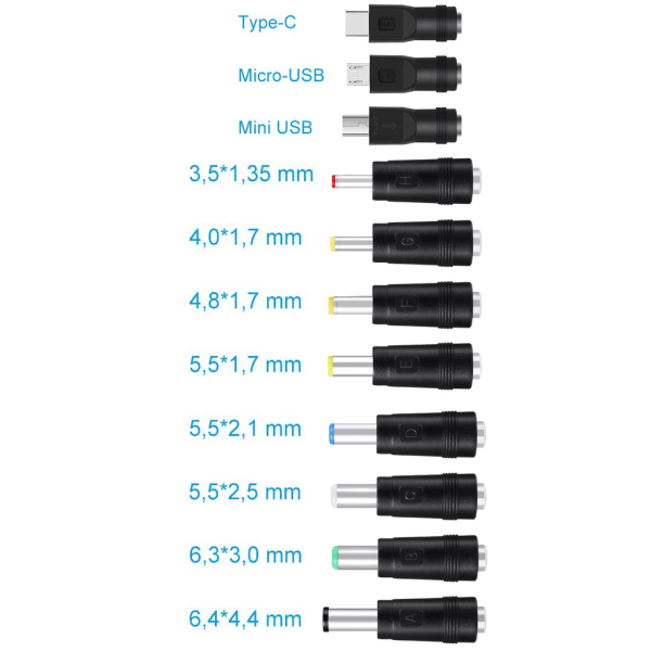 11 in1 5V USB till 5,5x2,1mm 3,5mm 4,0mm 4,8mm 6,4mm 5,5x2,5mm Typ C Micro USB Mini USB -kontakt Laddningssladd för mobiltelefon