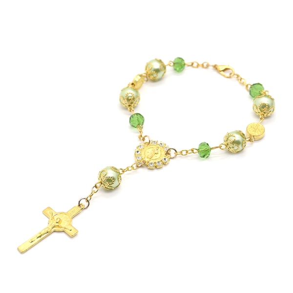 Kristall rund pärla Rosenkrans armband Vintage Jesus Kristus krucifix för kors handleden White
