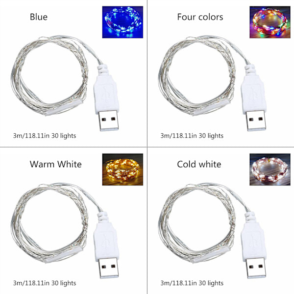 Vattentät Garland Fairy String Lamp Silver Wire Nattljus USB driven för 3m C