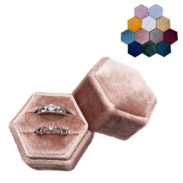 Hexagon Velvet Ring Box Dubbel Ring Display Hållare med avtagbart lock Ring Box Hållare för bröllopsceremoni (vinröd) null - G86