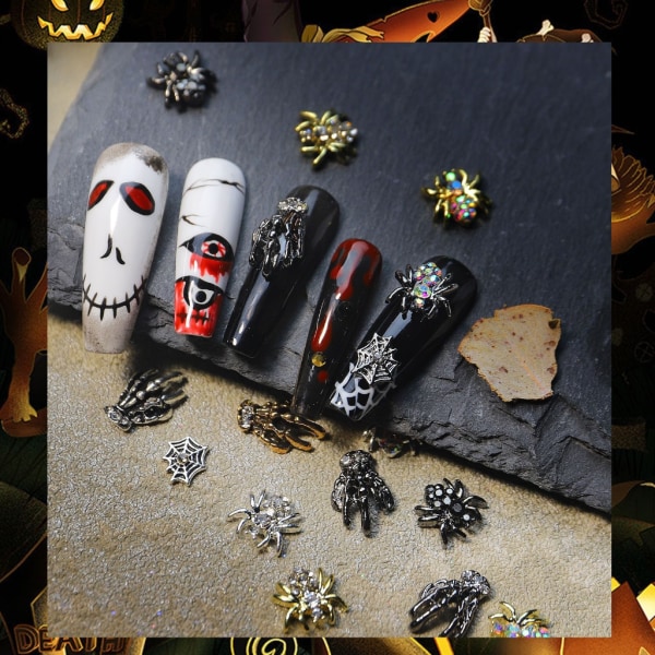 Halloween 3D Nail Charms Skull Ghost Bat Skelett Punk Hand Nails Strass Vintage Legering Nageldekor för DIY Nageltips 12 grid