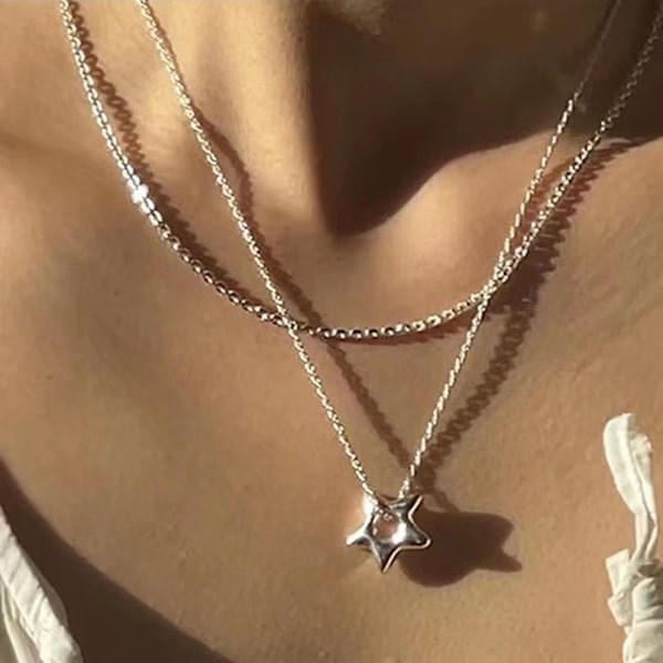 Sydkorea Ins Mode Cool Y2k Star Retro Niche Oregelbundet lysande ihåligt hänge Femudsigt stjärnhalsband för tjejer