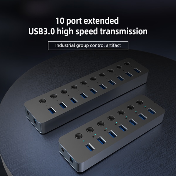 Blueendless USB3.0 HUB Multi USB Splitter 7/10 Port Expander 12V Power Multipel USB3.0 Hub med Switch LED-ljus 10 ports