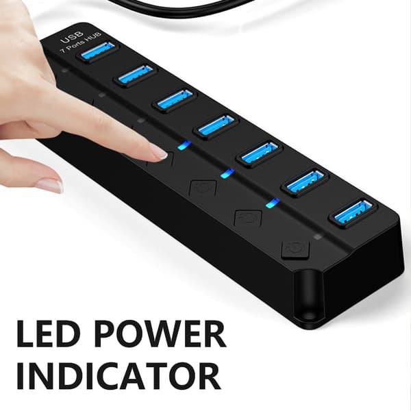 Rask USB 3.0 Adapter Splitter med 7 porter, separate strømkontroller