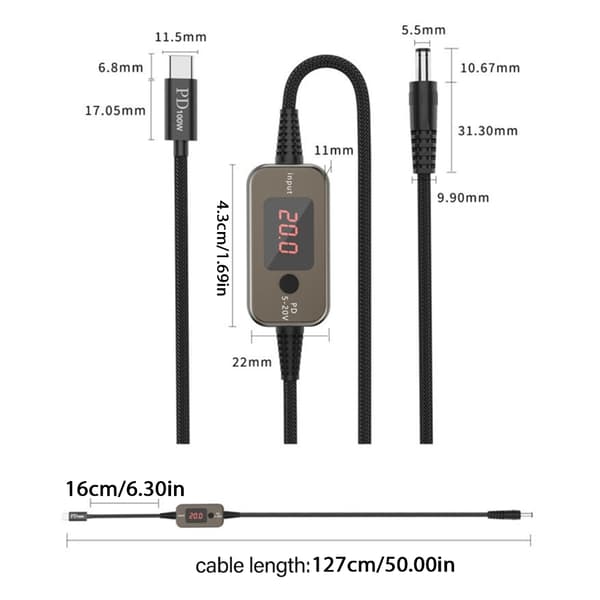 Justerbara Spänningar USB C Till DC5525 Strömkabel Med 34 Adaptrar För Bärbara Datorer