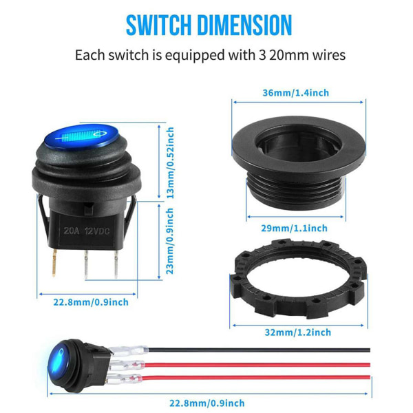 12V 20A vattentät vippströmbrytare Blå LED Tänd Rund PÅ Av 3 Pin 12 Volt Väderbeständig för marinbil RV Truck 1PCS