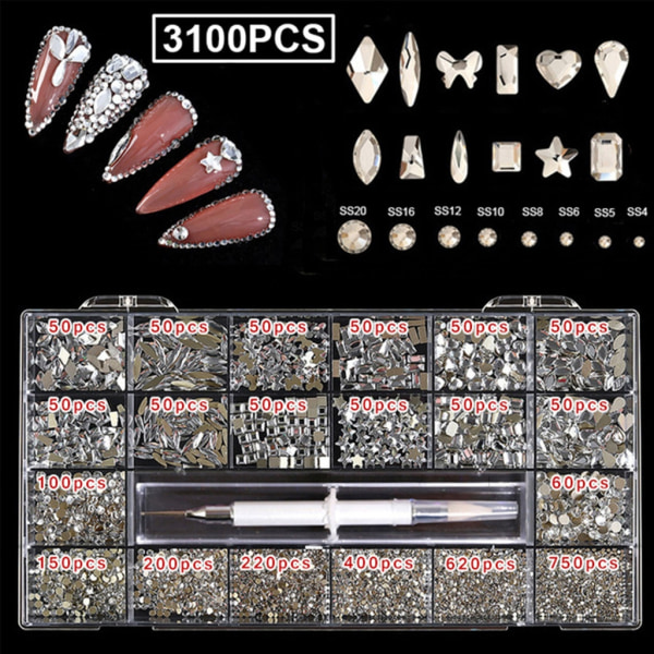 Nail Art Rhinestones Kit Multi Shapes Glass Crystal AB Nail Stones Nail Jewels Flatback Nail Gems Strass för w/ Wax 7