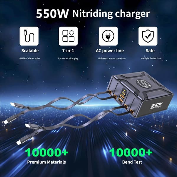 550W 7-i-1 ladestation med 100W udtrækkeligt USB C-kabel til enheder