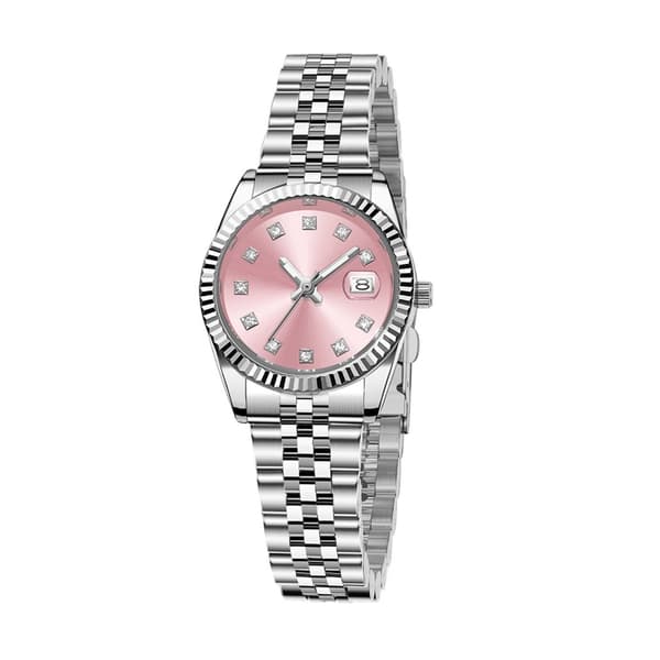Mode Dame Analog Quartz Armbåndsur Pink Urskive Sølv Poleret Rem