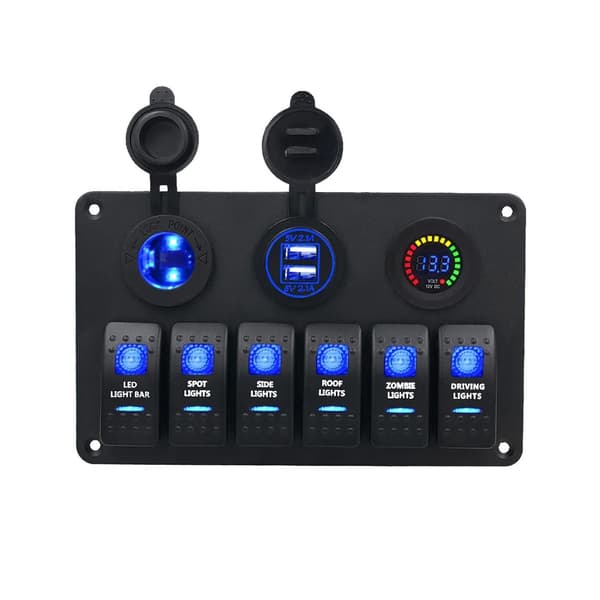 Dobbel USB-lader Voltmeter 6 Gang Bryterpanel LED Lys Bar for Maritim Bruk