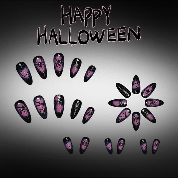 Lang Halloween Press On Manicure Sort Lilla Feststil Sæt
